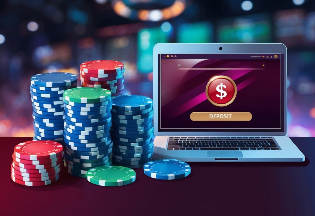 A stack of casino chips and a computer screen with a highlighted deposit button