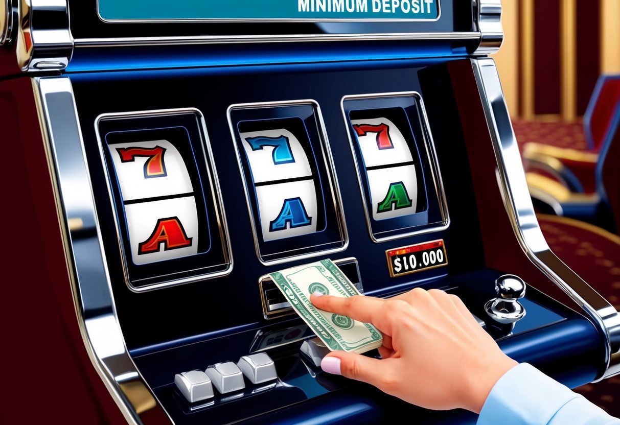 A casino slot machine accepting a minimum deposit, with a hand inserting money and pressing the buttons to play