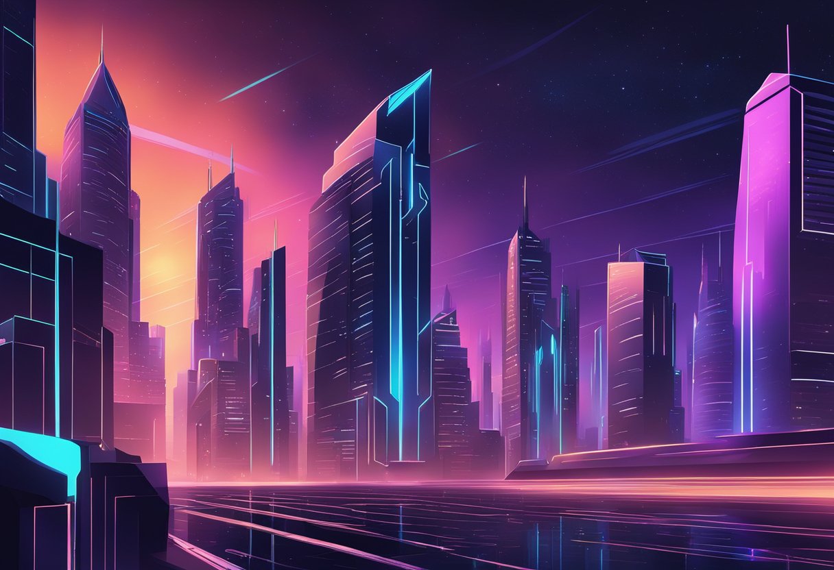 A dark, futuristic cityscape with glowing neon lights and sleek, angular buildings, set against a starry midnight sky