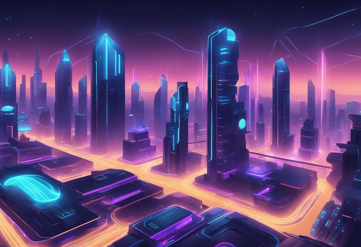 A futuristic cityscape with neon-lit buildings and sleek, interconnected structures, showcasing the advanced technology and innovation of the Cardano Sidechain "Midnight."