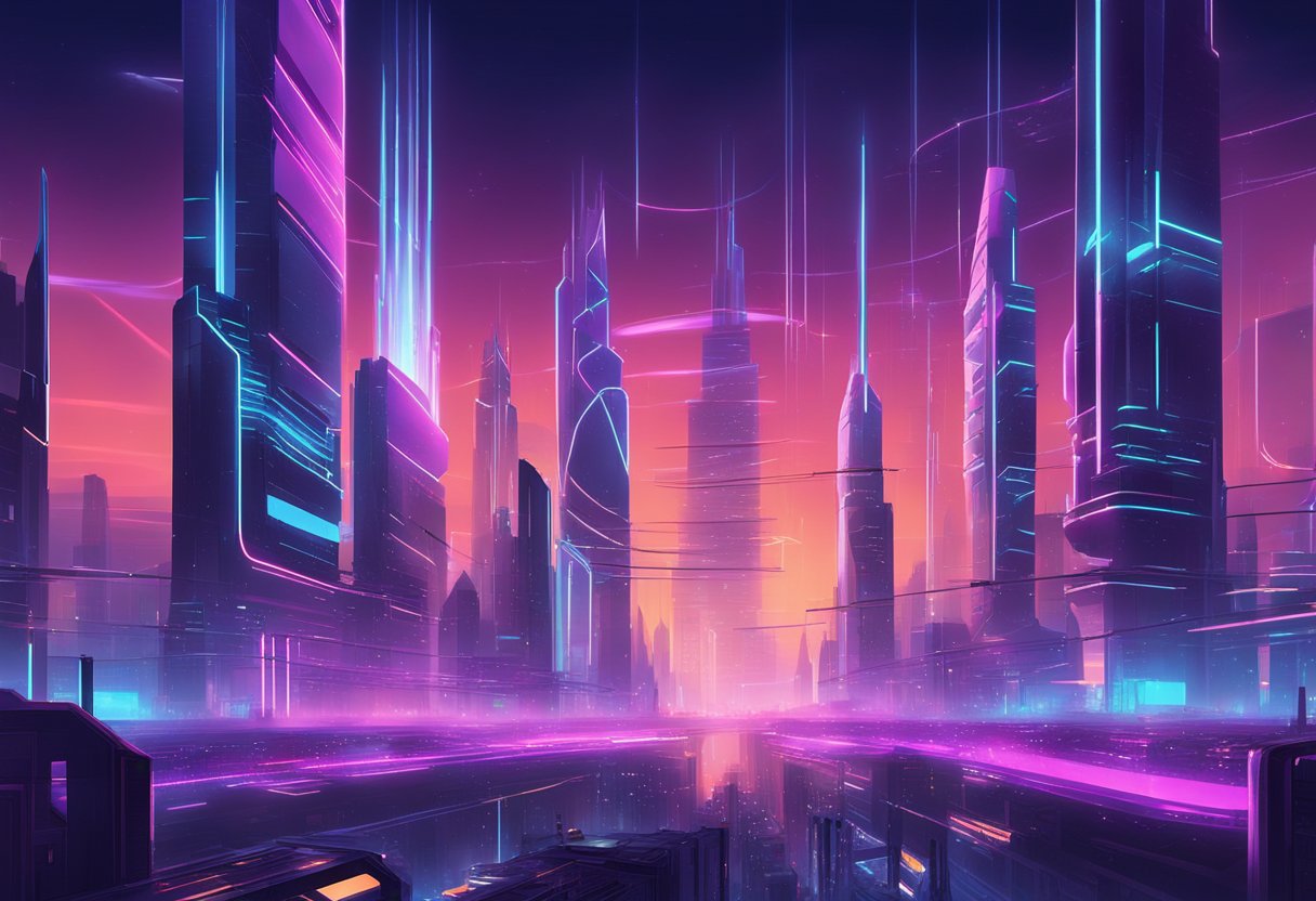 A futuristic cityscape with towering, interconnected structures and glowing neon lights, surrounded by a digital aura