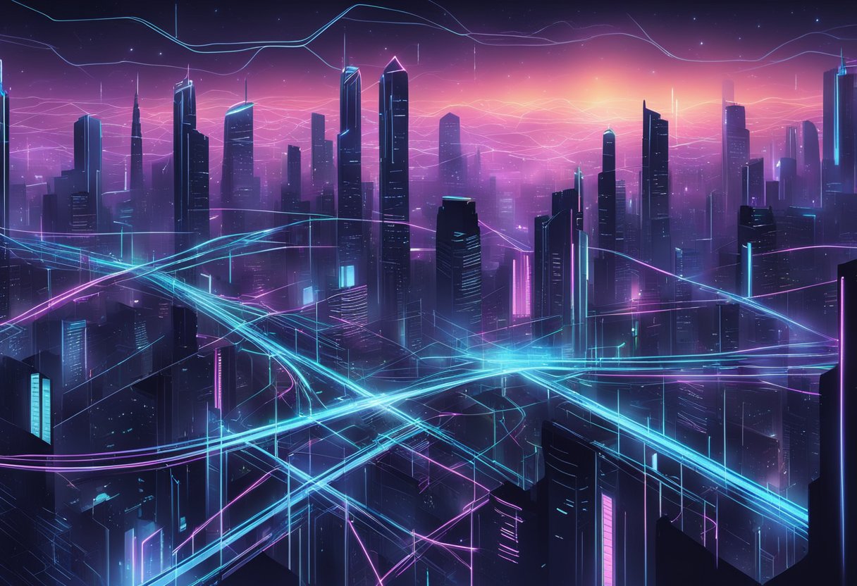 A dark, futuristic cityscape with glowing neon signs and a network of data streams weaving through the night sky