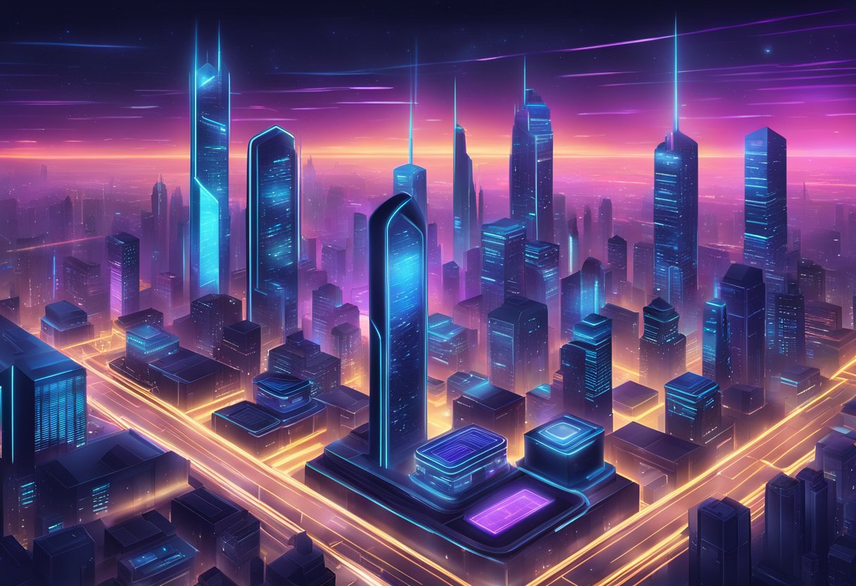 A futuristic cityscape with glowing neon lights and a shimmering, secure data center at midnight