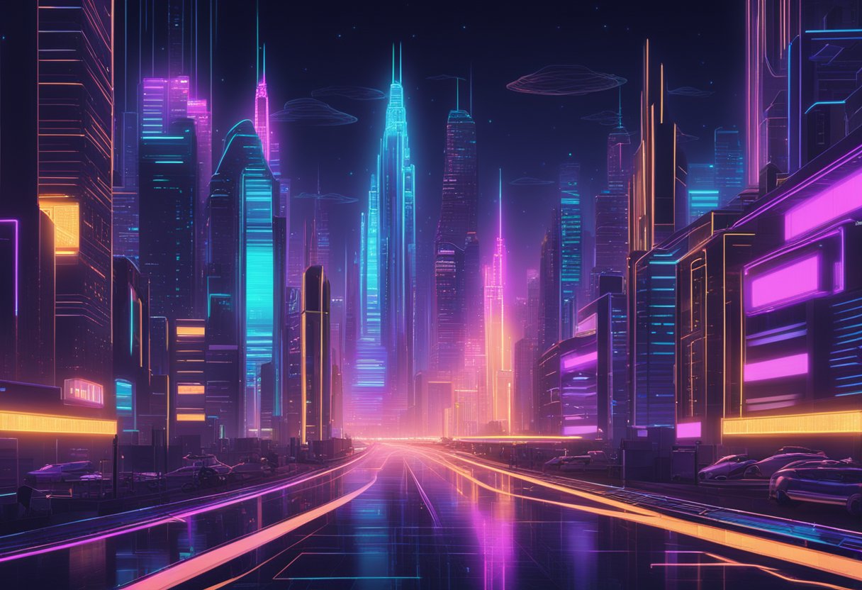 A futuristic cityscape with glowing neon signs and digital interfaces, showcasing the seamless execution of smart contracts and DApps on the Cardano sidechain "Midnight"