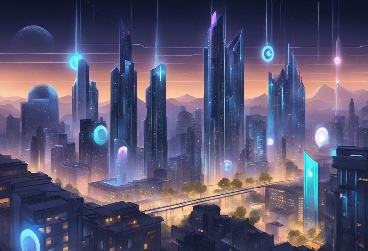 A futuristic cityscape with Cardano logo prominently displayed on buildings, showcasing secure and compliant features of the "Midnight" sidechain