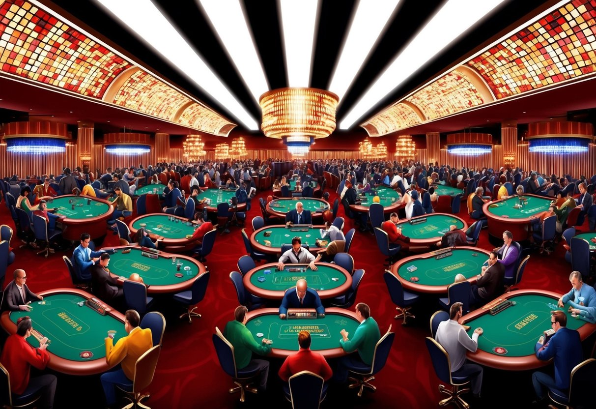 Un casino bondé avec des tables de poker et des joueurs, entouré de lumières clignotantes et du son des jetons qui s'entrechoquent.