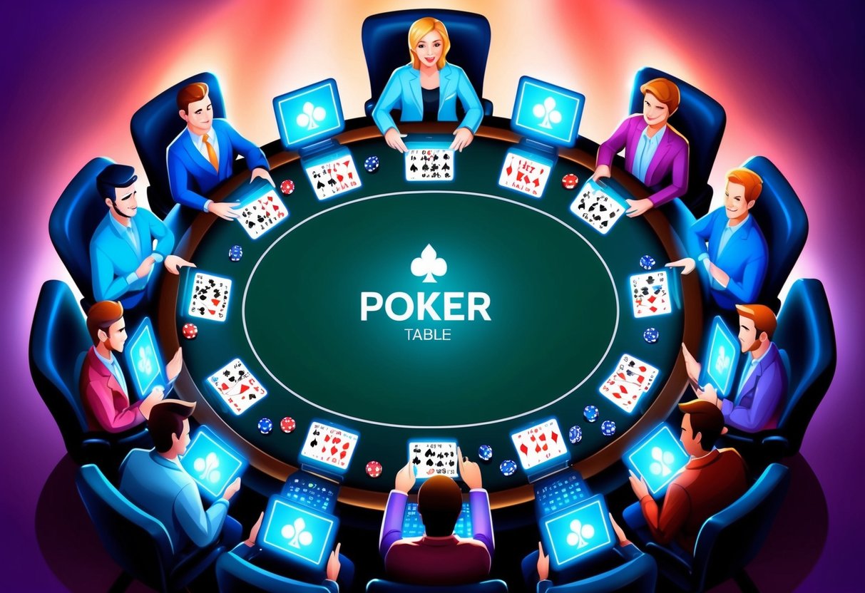 Une table de poker virtuelle entourée d'écrans lumineux, avec des joueurs du monde entier se connectant via leurs appareils pour jouer au jeu