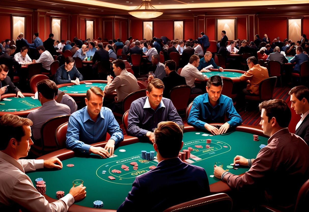 Un casino bondé avec des tables de poker, des jetons et des cartes. Des joueurs en intense concentration, avec des boissons et des cigarettes sur la table.