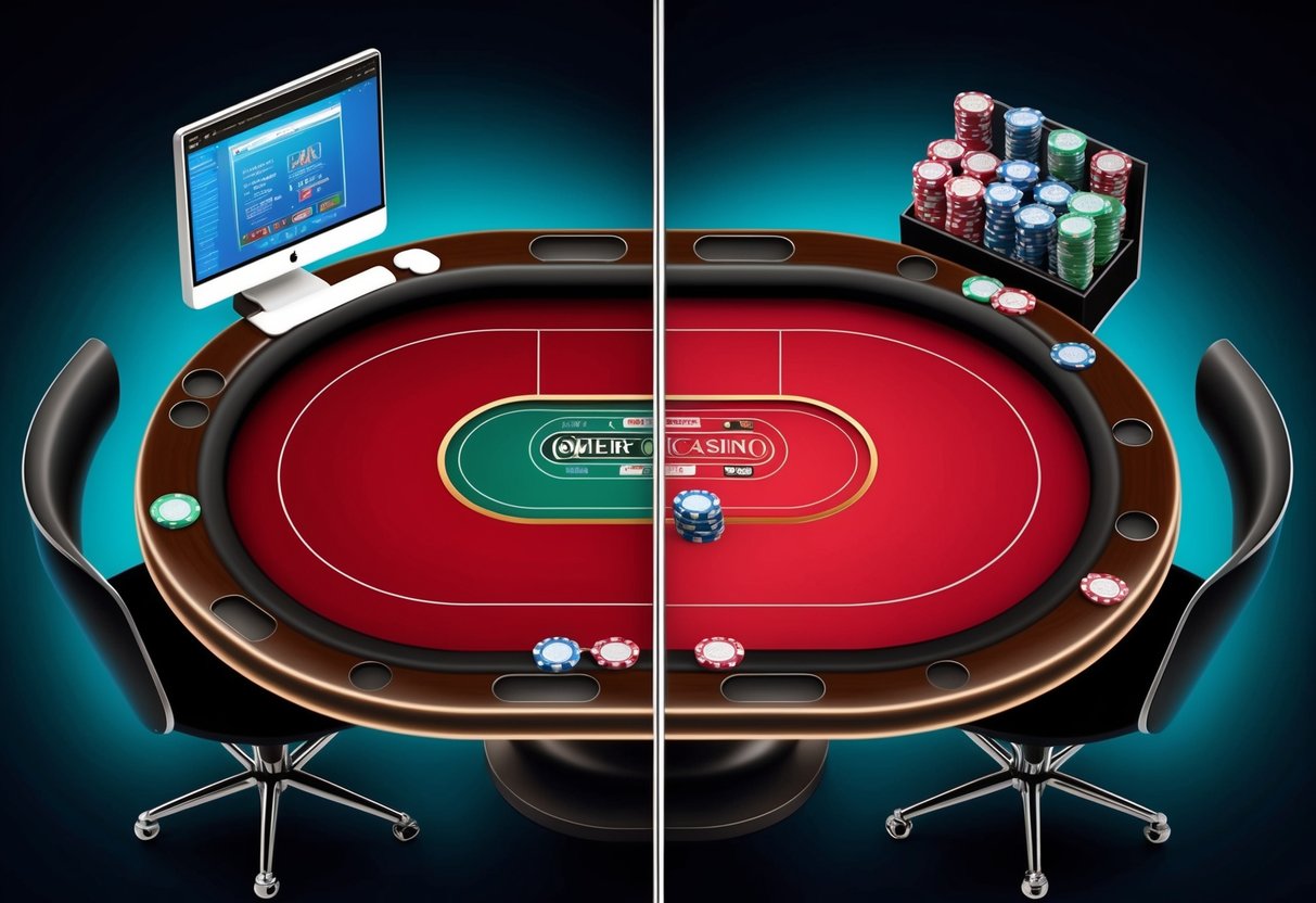 Une table de poker coupée en deux, un côté représentant le jeu en ligne avec un ordinateur et l'autre côté représentant un casino physique avec des jetons et des cartes.