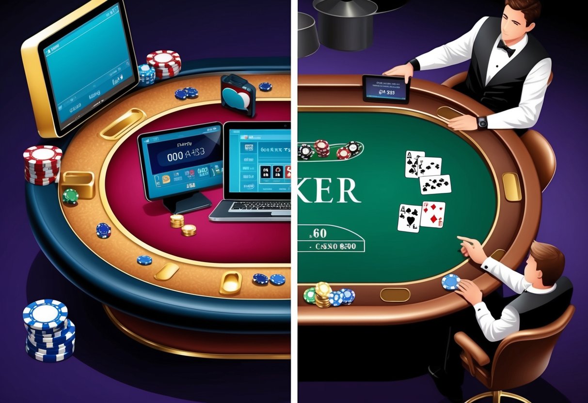 Une table de poker avec des jetons, des cartes et un écran d'ordinateur d'un côté, et une table de casino physique avec des joueurs et un croupier de l'autre