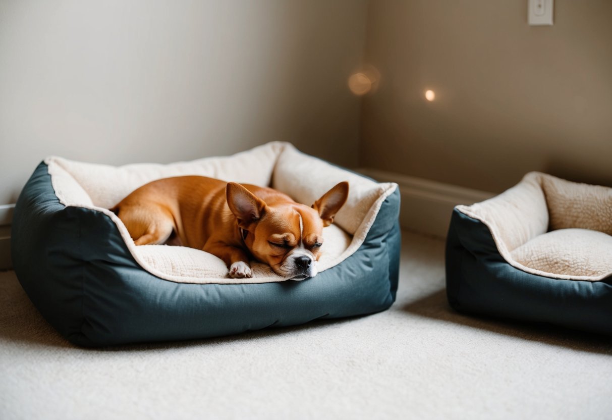 A small dog peacefully sleeping in a cozy, appropriately sized dog bed, with a larger dog bed nearby for comparison