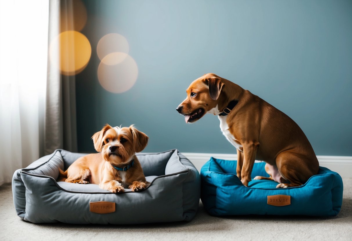 A small dog comfortably laying on a properly sized dog bed, while a larger dog struggles to fit on a bed that is too small for them