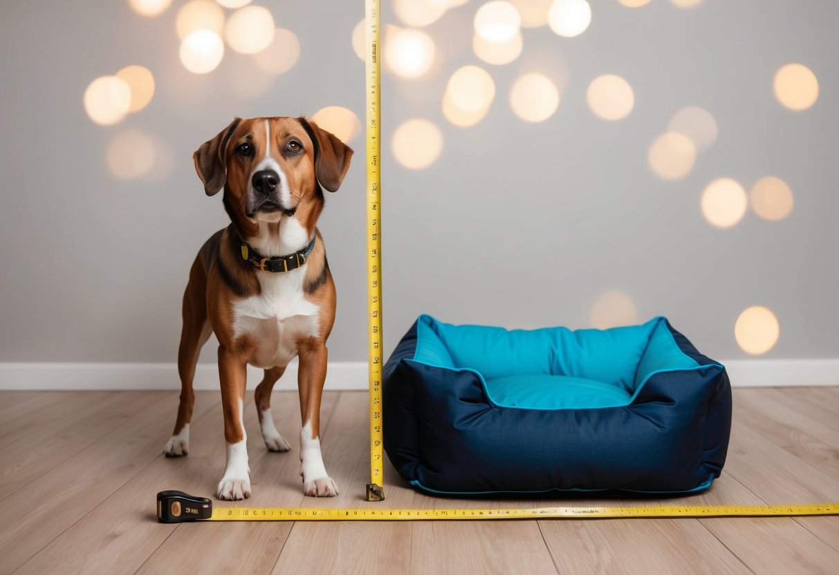 A dog standing next to a tape measure, with the tape measure stretched out to measure the length and width of the dog for a perfect fit dog bed