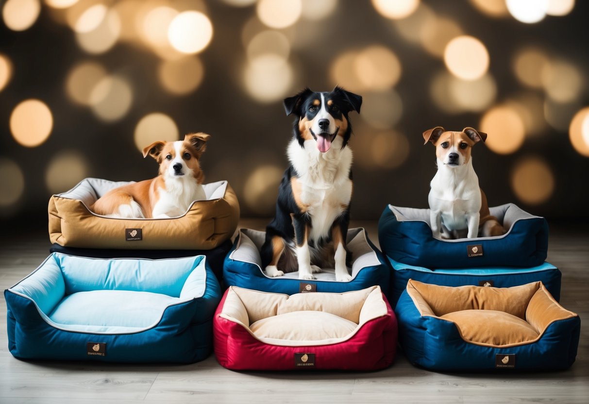 A variety of dog beds in different sizes displayed with a dog to show the proper fit