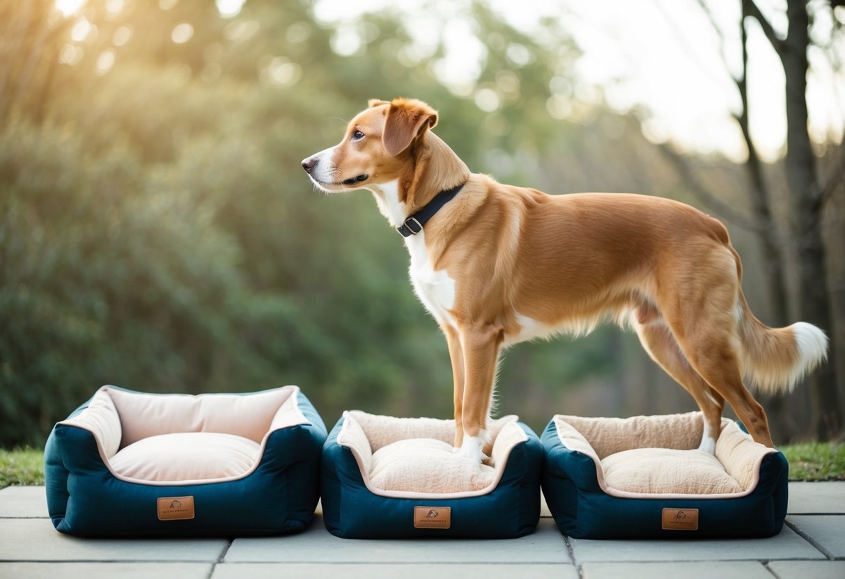 A dog standing next to three different sized dog beds, looking at each one