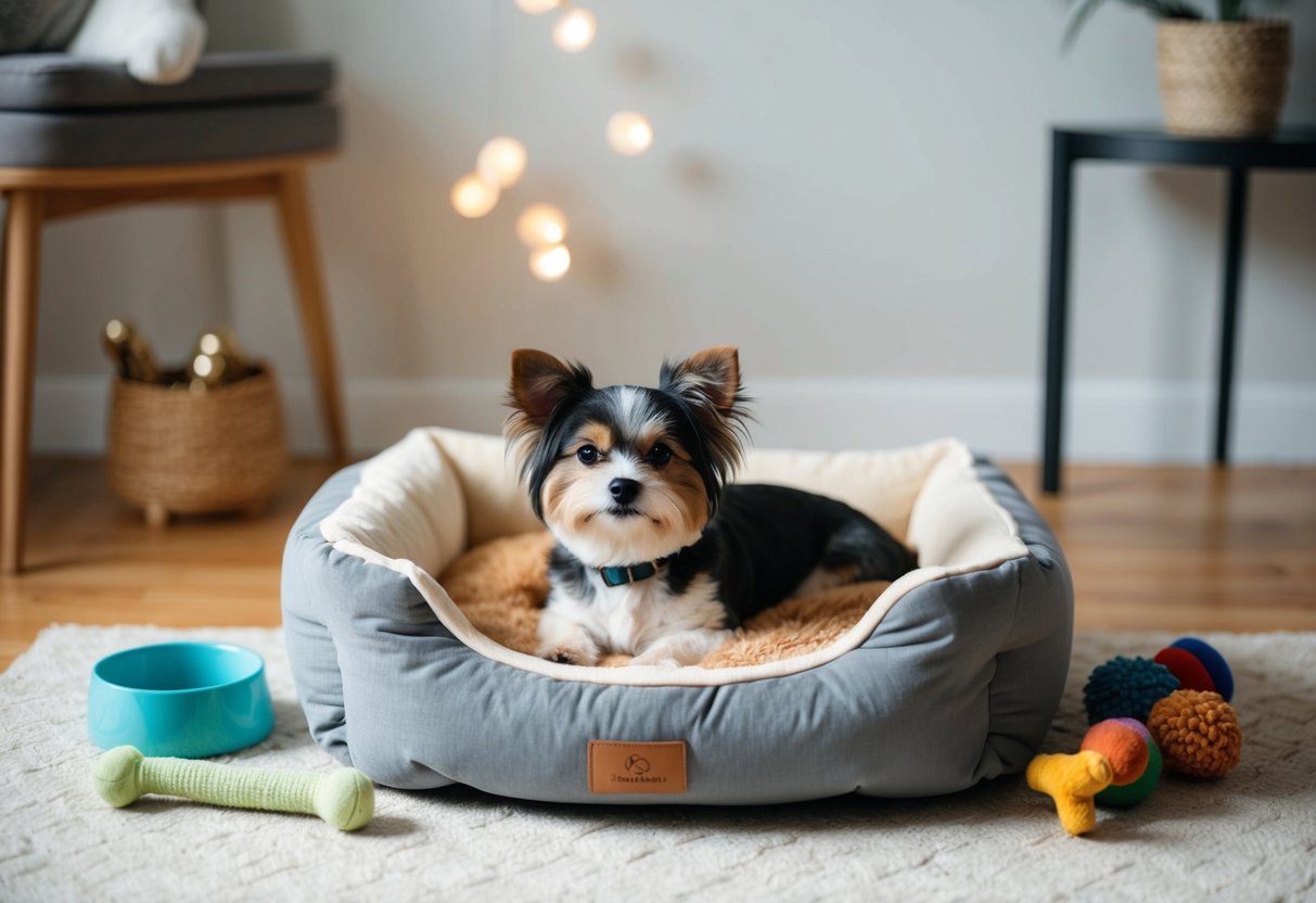 A fluffy dog bed with a small dog lying comfortably inside, surrounded by toys and a water bowl nearby