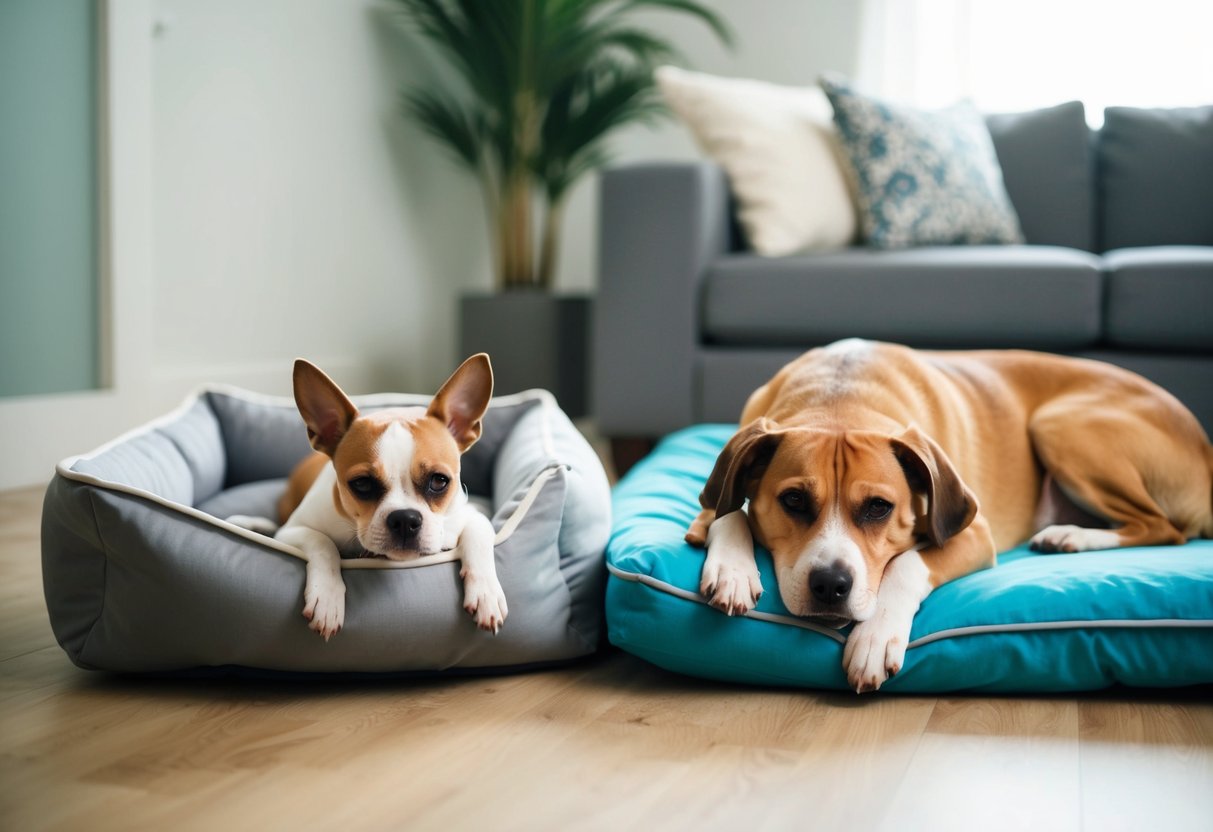 A small dog struggles to fit into a too-small bed, while a larger dog sprawls comfortably in a bed that is too big