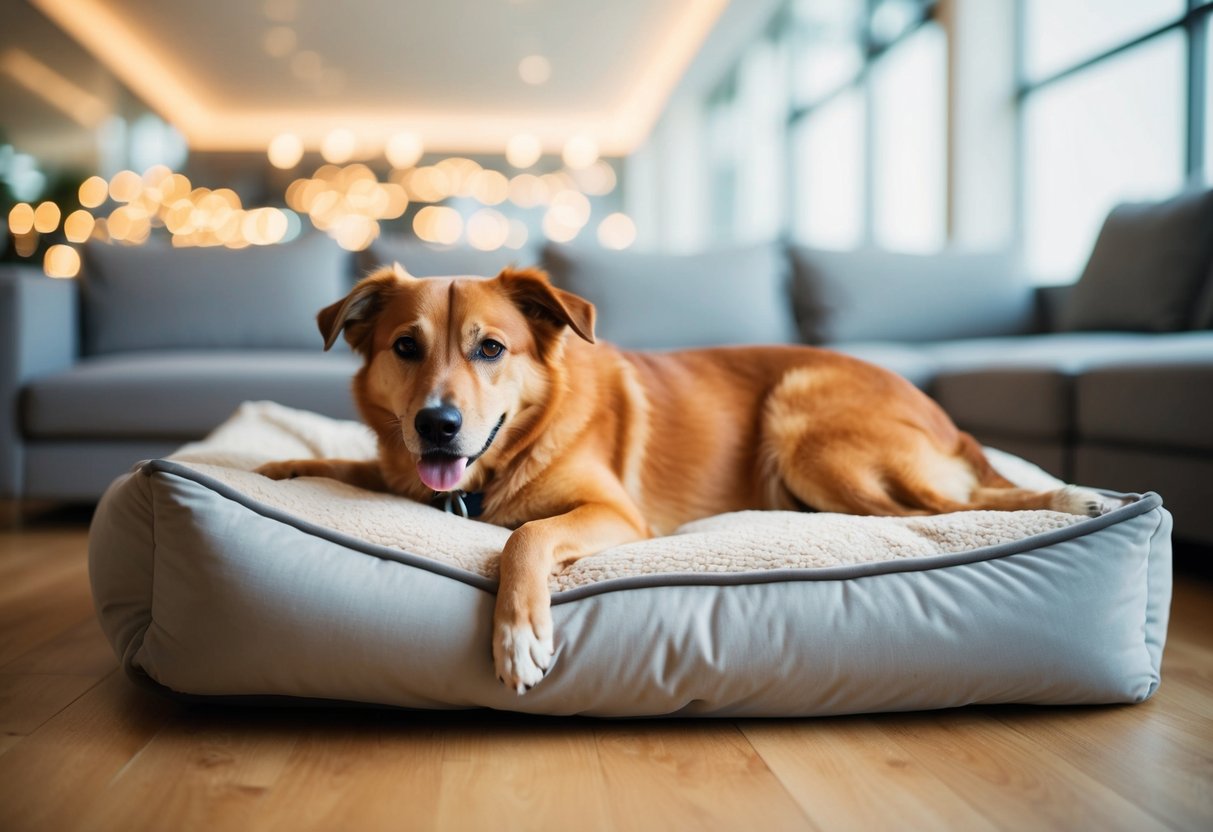 A medium-sized dog lies comfortably on a plush bed, with plenty of space to stretch out and relax