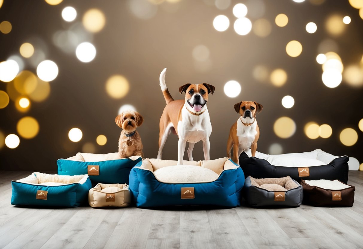 A variety of dog beds in different sizes, with a dog standing next to each one for comparison