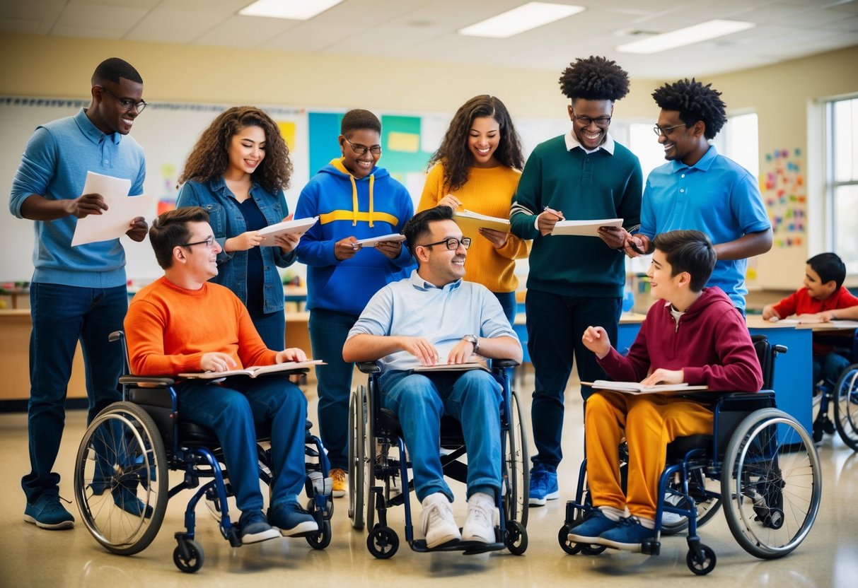 Um grupo diverso de estudantes com deficiência participando de várias atividades de aprendizagem na escola