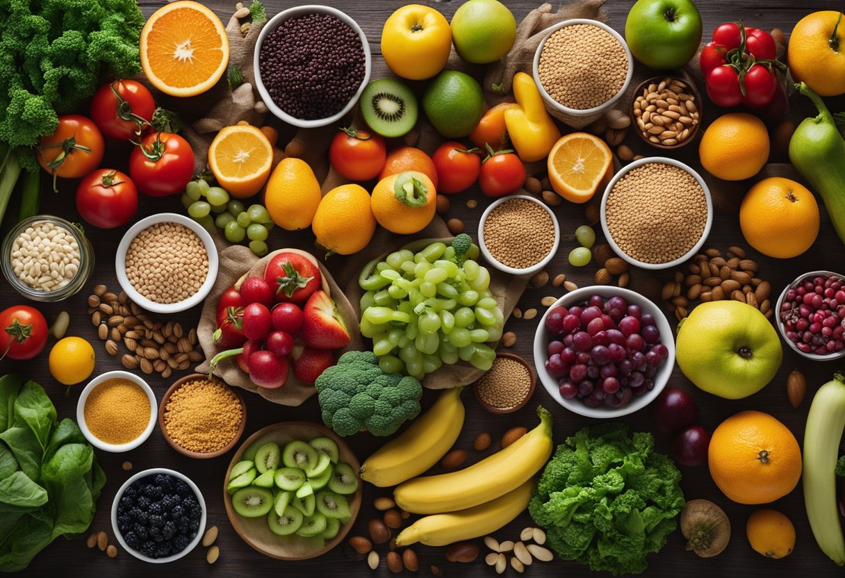 Uma variedade colorida de frutas, vegetais, grãos e leguminosas dispostos em uma mesa, com uma variedade de opções saudáveis representando a abordagem flexível e equilibrada da dieta flexitariana.