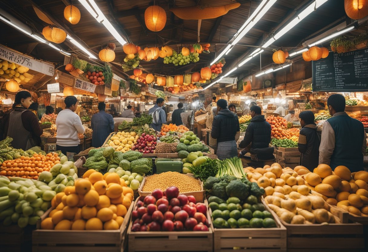 Uma cena de mercado vibrante com uma variedade de frutas, vegetais e grãos coloridos expostos em barracas de madeira. Um grupo diversificado de pessoas é visto comprando e trocando mercadorias, enquanto um banner ao fundo promove os benefícios do flexitarianismo.