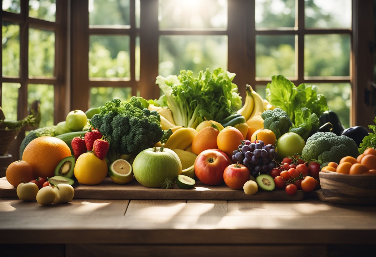 Uma abundante e colorida variedade de frutas e vegetais orgânicos frescos dispostos em uma mesa de madeira rústica, cercada por uma vegetação exuberante e com a luz do sol entrando pela janela da cozinha.