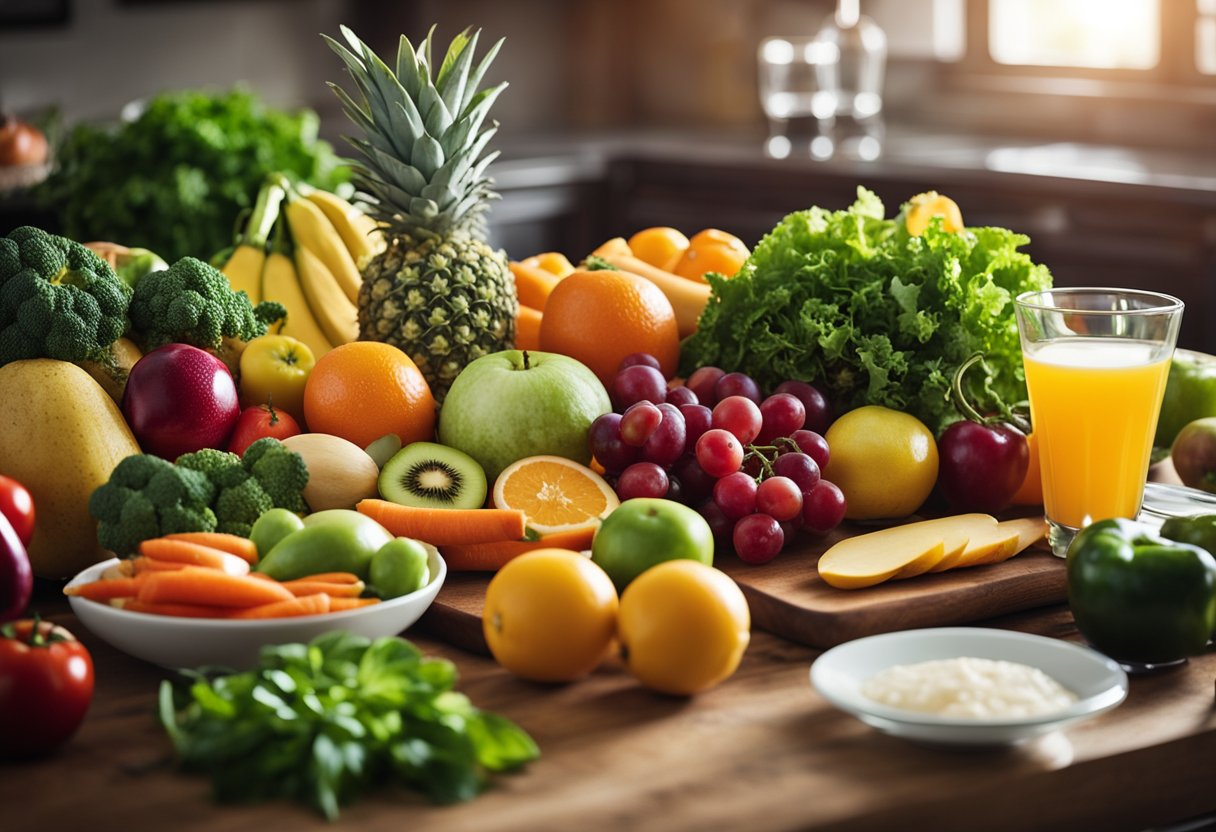 Uma variedade colorida de frutas e vegetais orgânicos frescos dispostos em uma mesa de madeira, ao lado de uma fita métrica e uma balança, com um copo de água e um prato de proteína magra.