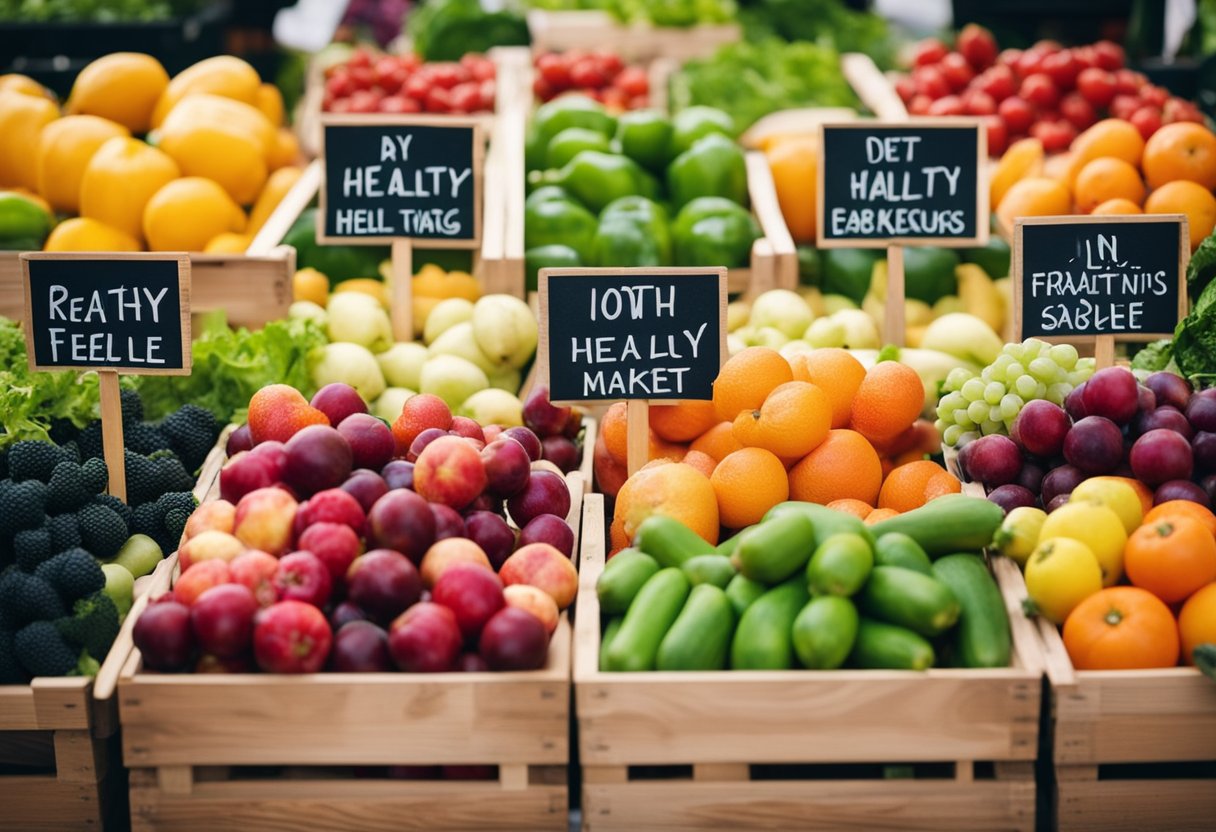 Um vibrante mercado de agricultores com frutas e vegetais orgânicos coloridos expostos em caixas de madeira, com uma placa promovendo a alimentação saudável e a dieta