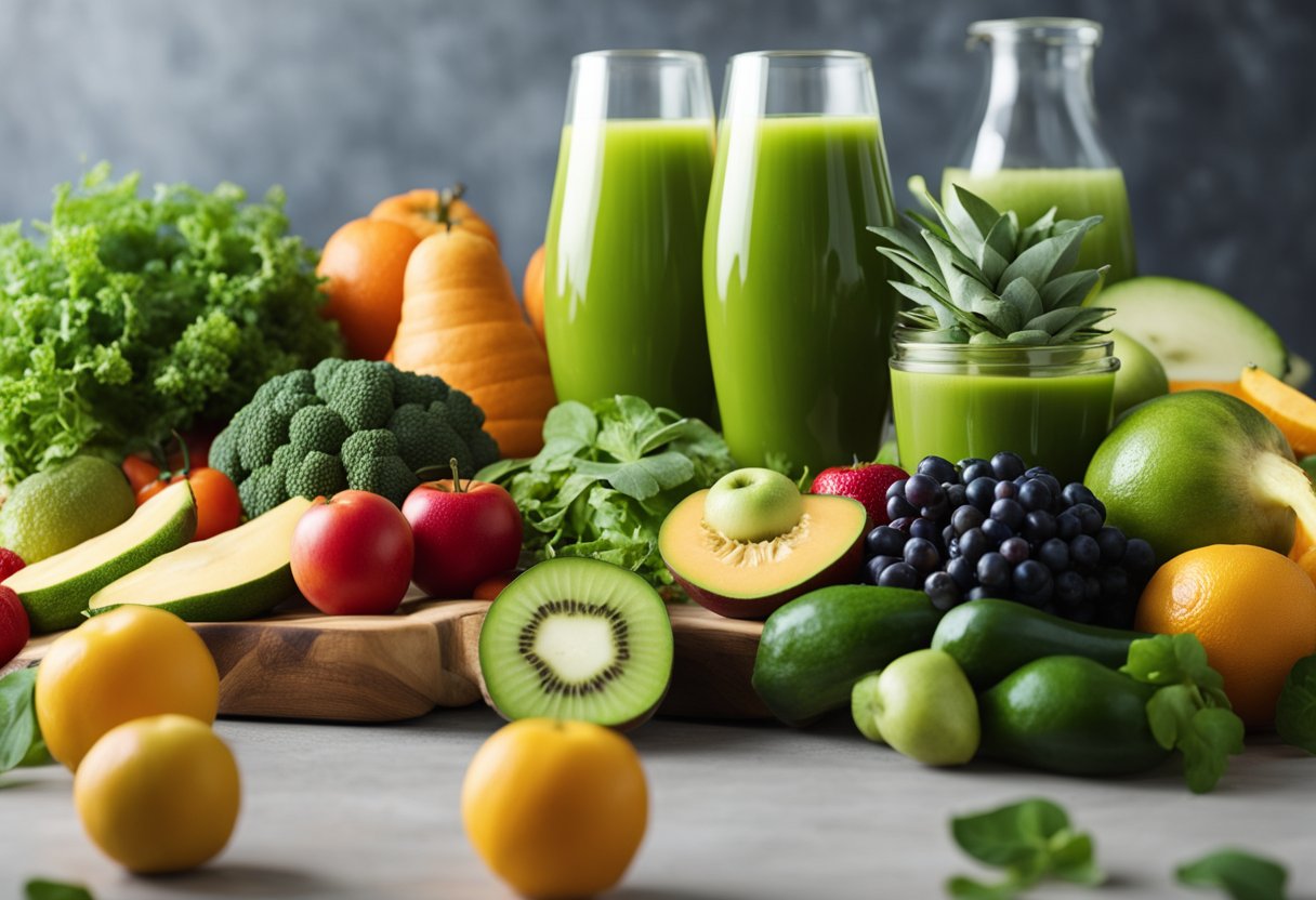 Uma variedade colorida de frutas e vegetais frescos, um copo de suco verde e um tapete de yoga, simbolizando os benefícios para a saúde de uma dieta detox.