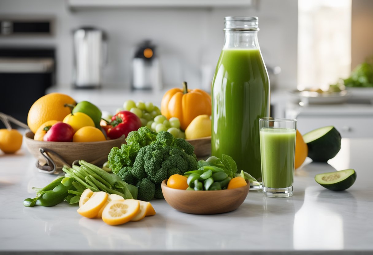 Uma variedade colorida de frutas e verduras frescas, um copo de suco verde e uma garrafa de água em uma bancada limpa e branca.