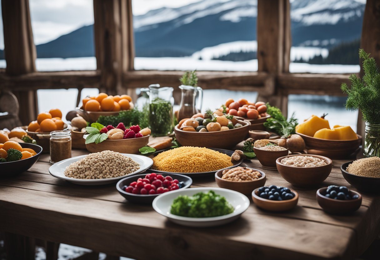 Uma mesa rústica decorada com uma variedade de alimentos frescos e coloridos da dieta nórdica, incluindo peixes, grãos integrais, frutas vermelhas e vegetais, com um pano de fundo de paisagens nevadas e decoração tradicional escandinava.