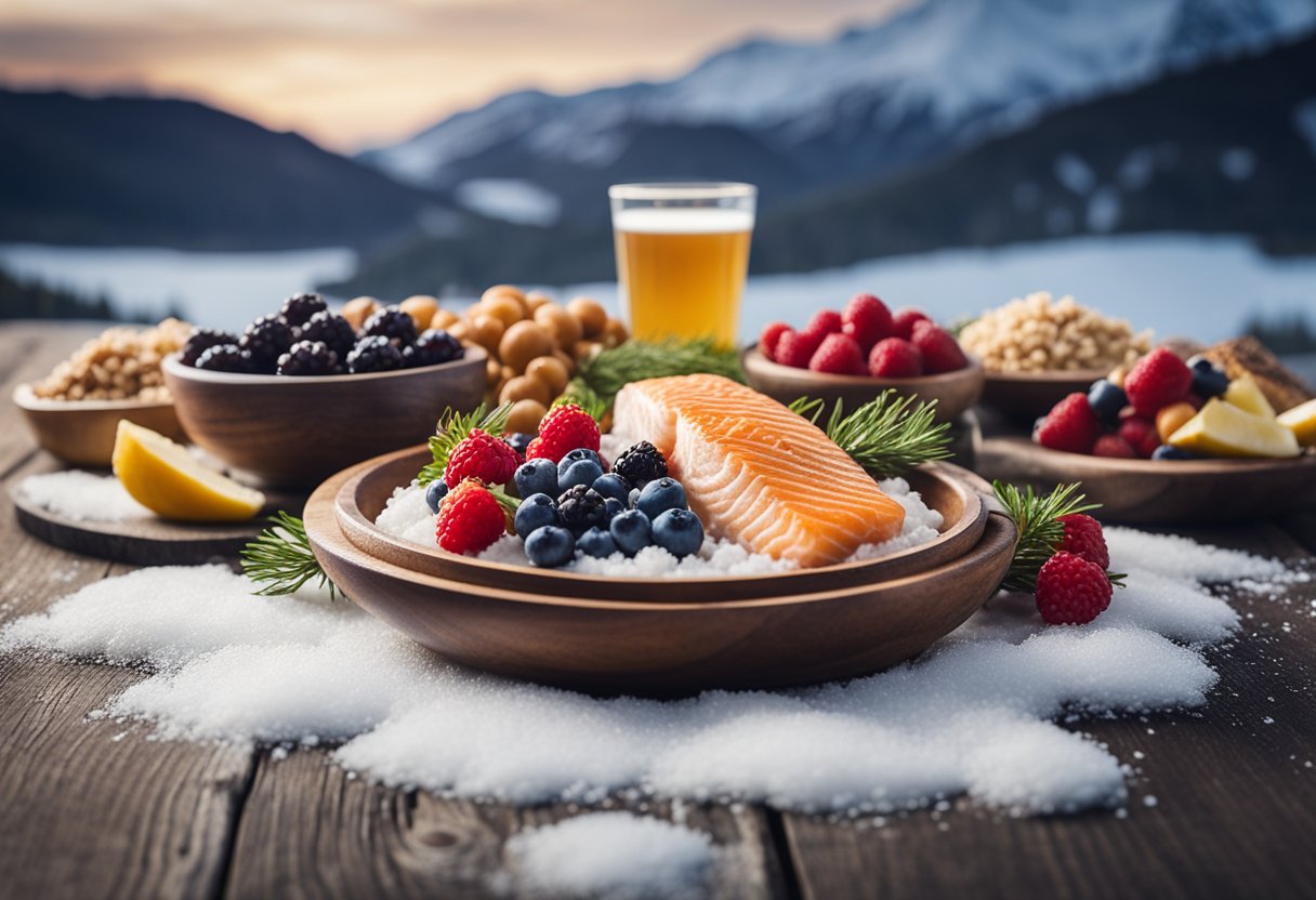 Uma variedade de alimentos da dieta nórdica, incluindo peixes, grãos integrais e frutas vermelhas, dispostos sobre uma mesa de madeira com um fundo de paisagens nevadas.