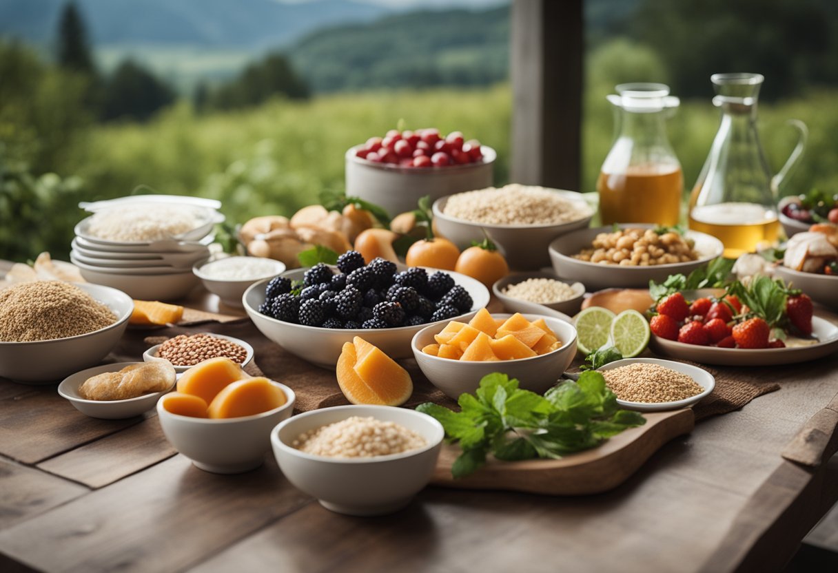 Uma mesa posta com uma variedade de alimentos, incluindo peixe, grãos integrais, frutas vermelhas e vegetais, com um fundo de paisagens nórdicas e utensílios tradicionais.