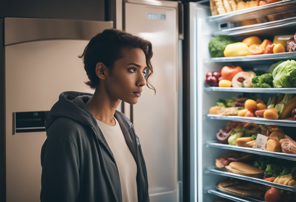 Uma pessoa em pé na frente de uma geladeira, dividida entre opções de alimentos saudáveis e não saudáveis, com várias emoções retratadas em seu rosto.