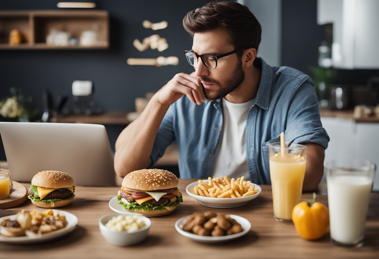 Uma pessoa sentada à mesa cercada por alimentos tentadores e não saudáveis, enquanto se sente estressada e emocional. Ela está lutando para resistir à vontade de se entregar à alimentação emocional.