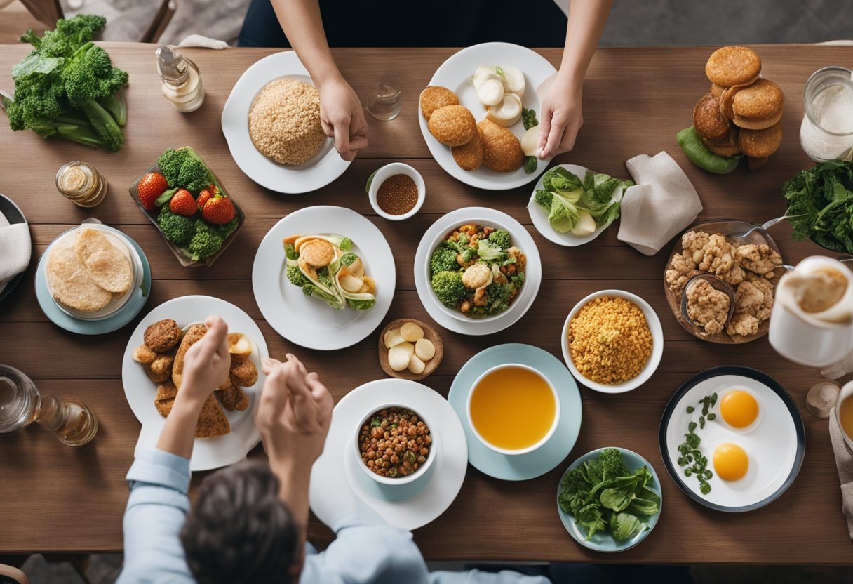 Uma pessoa sentada à mesa, cercada por comidas tentadoras, mas escolhendo focar em uma refeição saudável enquanto utiliza técnicas de relaxamento para gerenciar gatilhos emocionais.