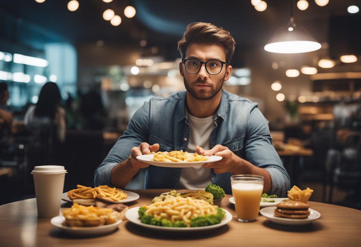 Uma pessoa sentada à mesa com um prato de comida não saudável, parecendo estressada e ansiosa enquanto estende a mão para pegar mais comida.