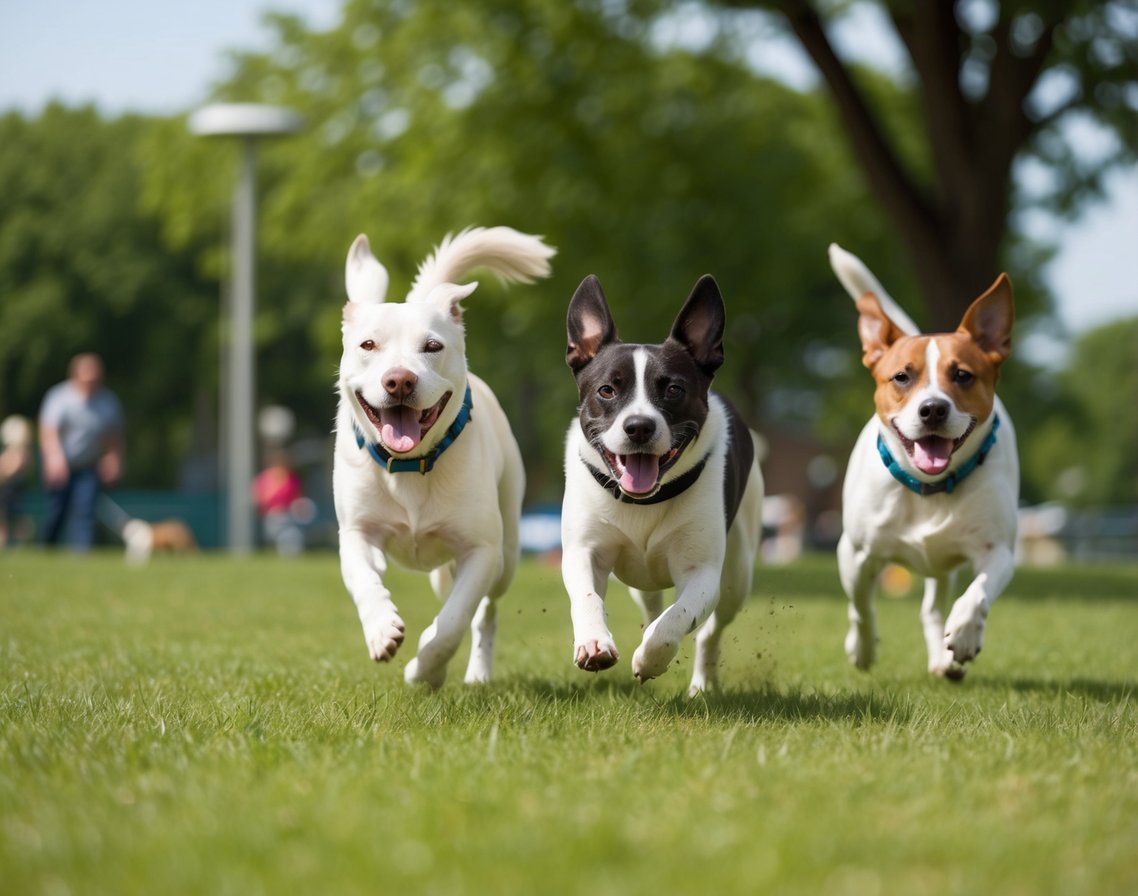 Dogs running and playing in a grassy dog park