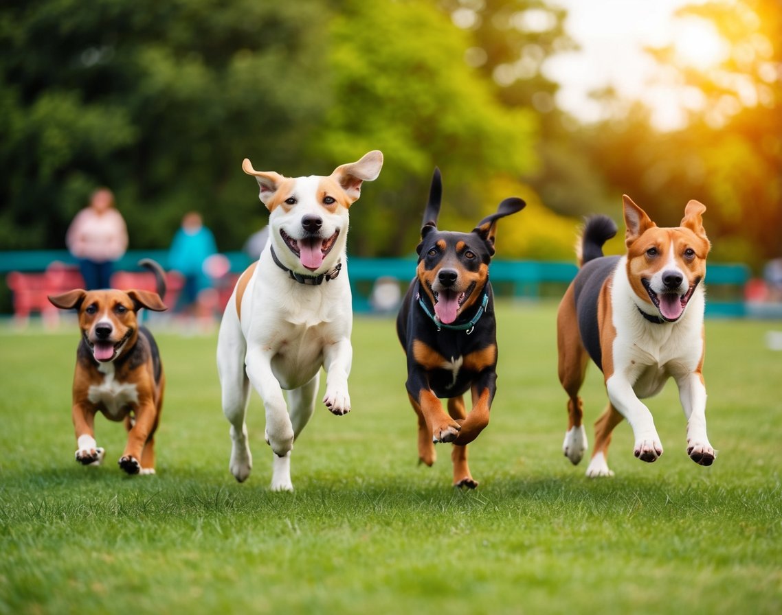 Dogs running, jumping, and playing with each other in a lively and vibrant dog park setting