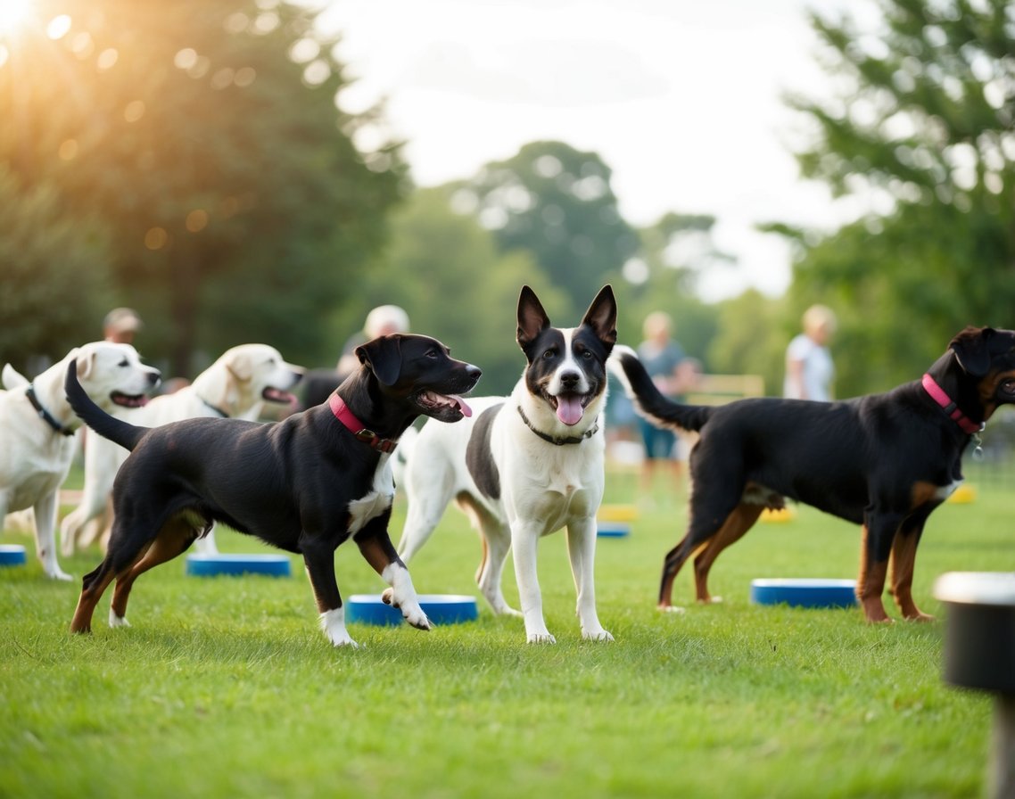 Dogs practicing obedience in a bustling dog park