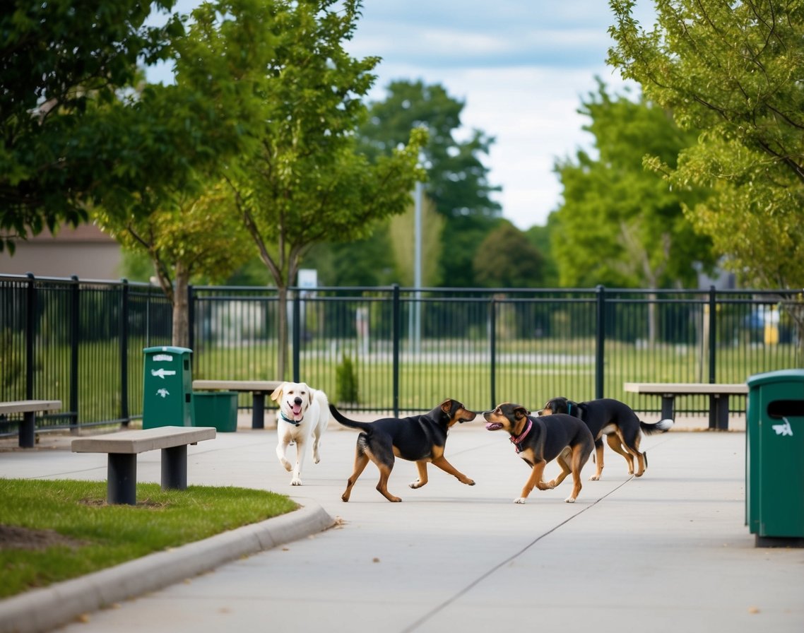 Dogs playing and socializing in a fenced-off area with trees, benches, and waste disposal stations