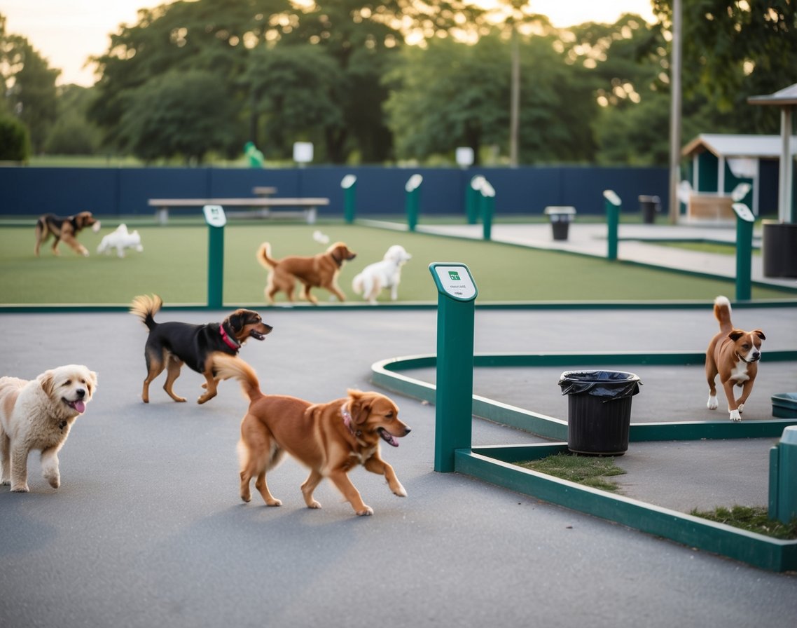 Dogs playing in a spacious dog park, with separate areas for large and small breeds. Hand sanitizer stations and waste disposal bins are scattered throughout the park