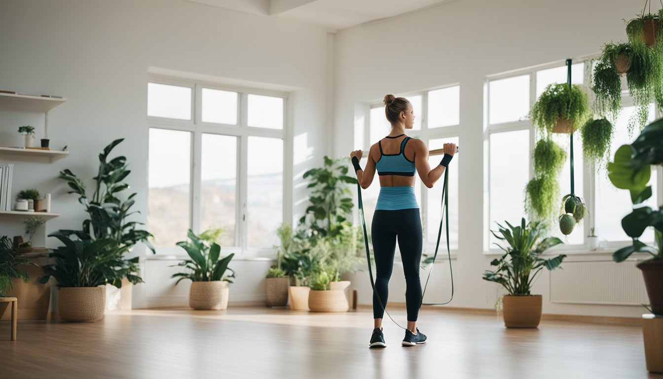 A person using resistance bands to exercise in a bright, airy room with plants and natural light