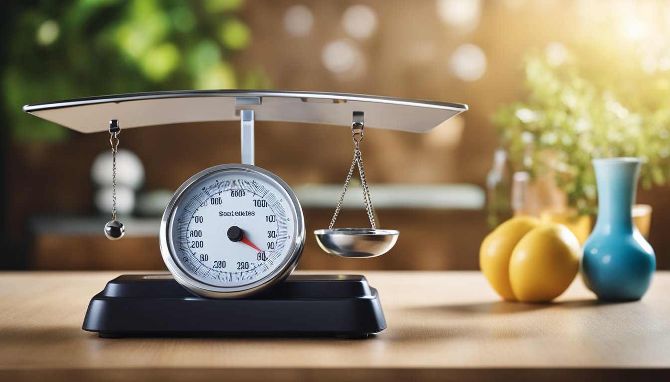 A set of scales with various objects placed on one side, demonstrating weight assistance for daily health