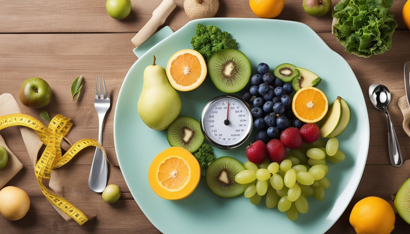 A balanced plate with fruits, vegetables, lean protein, and whole grains, surrounded by a tape measure and a set of bathroom scales