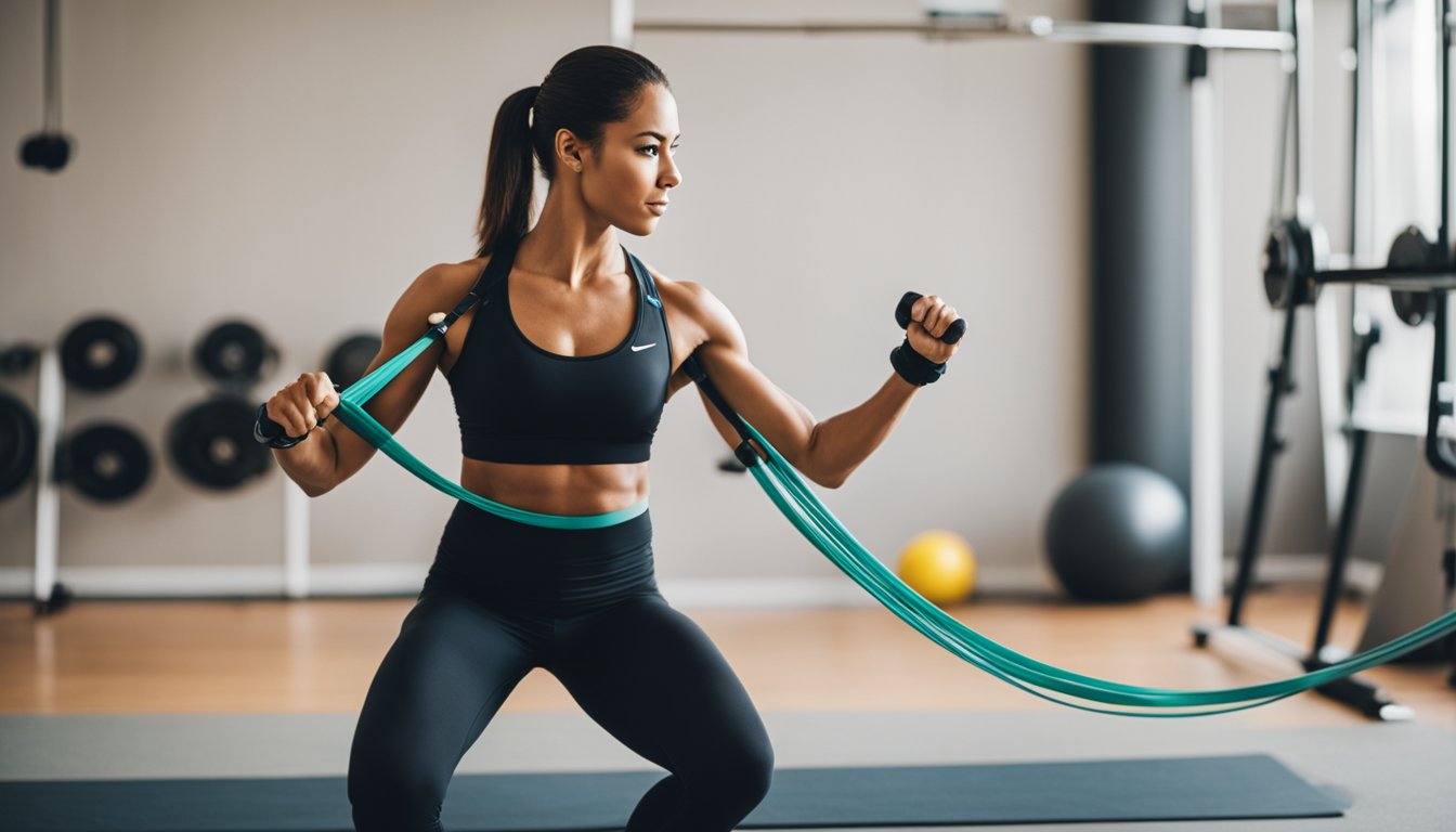 A figure using resistance bands to perform strength training exercises