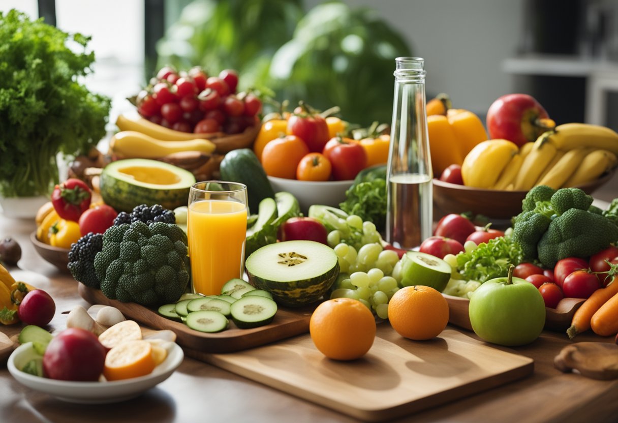 Uma variedade colorida de frutas e vegetais frescos dispostos em uma mesa, com um copo de água e um tapete de yoga por perto, representando recompensas saudáveis para uma dieta equilibrada.