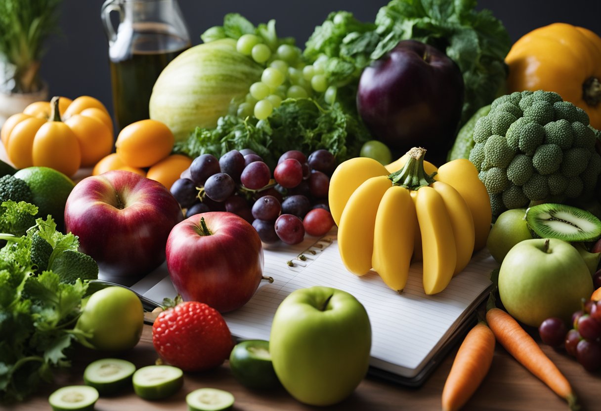 Uma variedade colorida de frutas e vegetais frescos dispostos em uma bancada de cozinha, com uma fita métrica e um caderno por perto.