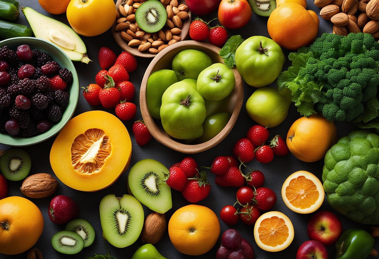 Uma variedade colorida de frutas e vegetais frescos dispostos em uma mesa, com uma tigela de nozes e sementes ao lado, cercada por um fundo vibrante da natureza